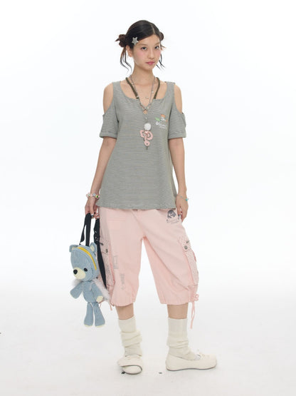 Vintage Green Shoulder Woven Rope Striped Kitten Short-Sleeve T-Shirt【s0000017786】