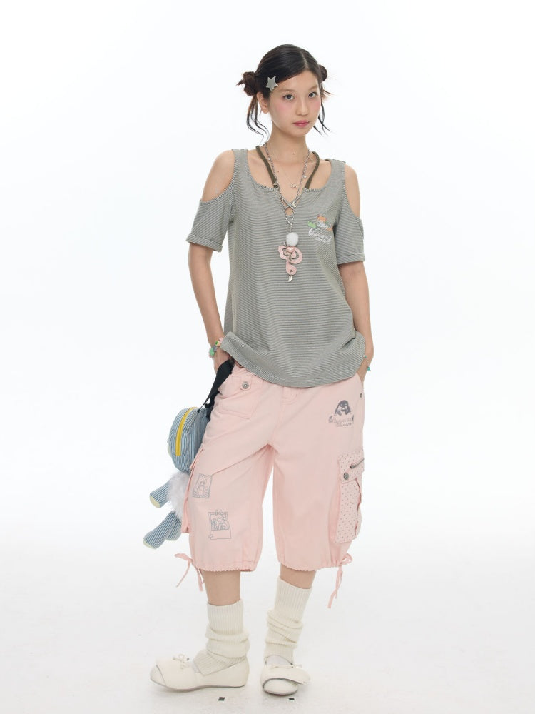 Vintage Green Shoulder Woven Rope Striped Kitten Short-Sleeve T-Shirt【s0000017786】