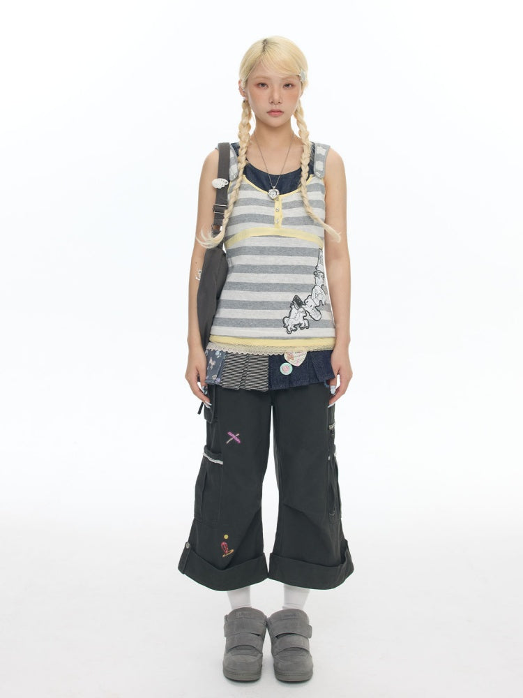 Two-Piece Striped Denim Patchwork Vest【s0000017788】