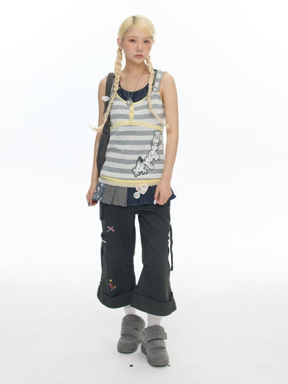 Two-Piece Striped Denim Patchwork Vest【s0000017788】