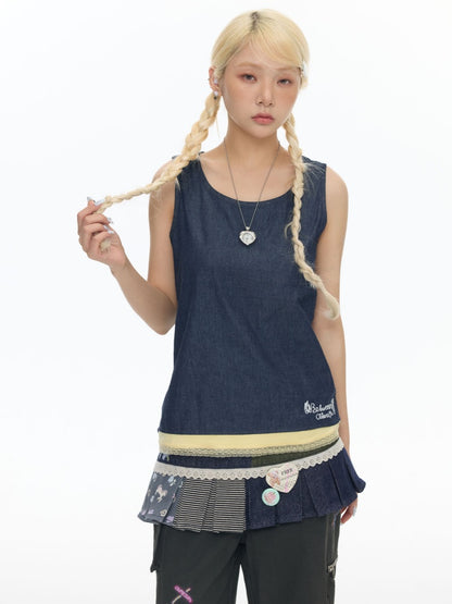 Two-Piece Striped Denim Patchwork Vest【s0000017788】