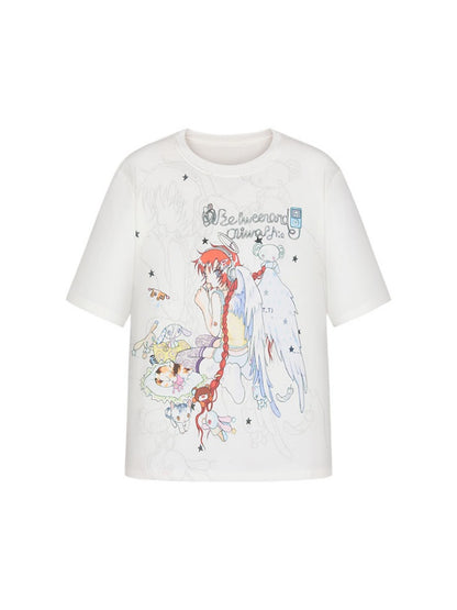 Illustration Loose Fitting Crew Neck Short Sleeve T-Shirt【s0000017789】