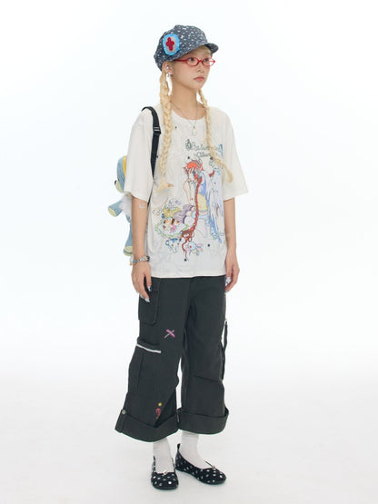 Illustration Loose Fitting Crew Neck Short Sleeve T-Shirt【s0000017789】