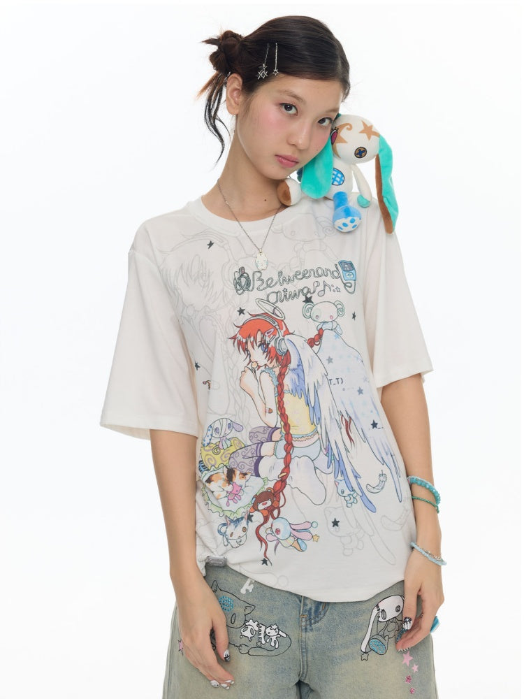 Illustration Loose Fitting Crew Neck Short Sleeve T-Shirt【s0000017789】