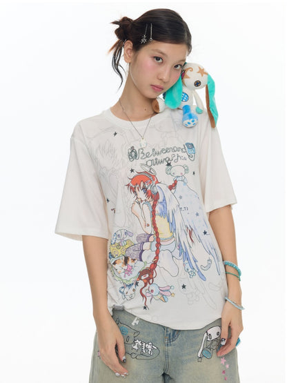 Illustration Loose Fitting Crew Neck Short Sleeve T-Shirt【s0000017789】