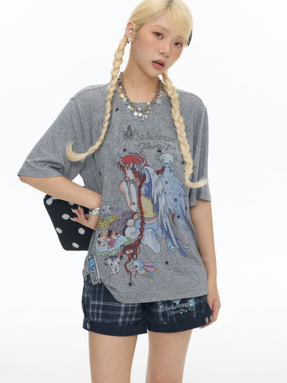 Illustration Loose Fitting Crew Neck Short Sleeve T-Shirt【s0000017789】