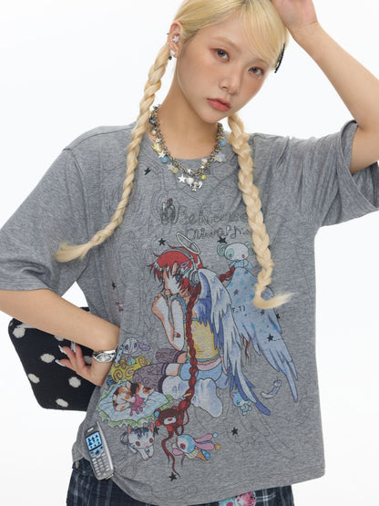 Illustration Loose Fitting Crew Neck Short Sleeve T-Shirt【s0000017789】