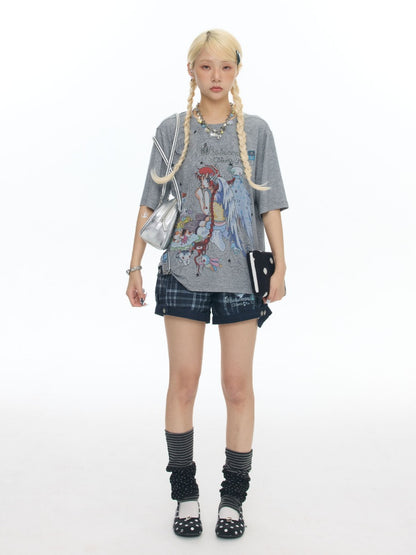 Illustration Loose Fitting Crew Neck Short Sleeve T-Shirt【s0000017789】