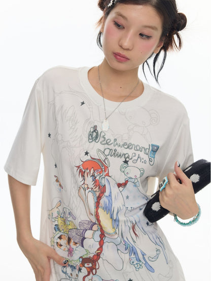 Illustration Loose Fitting Crew Neck Short Sleeve T-Shirt【s0000017789】