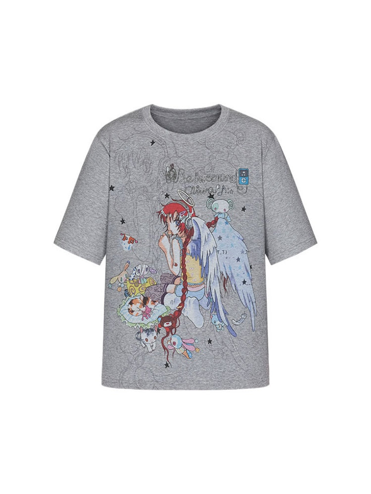 Illustration Loose Fitting Crew Neck Short Sleeve T-Shirt【s0000017789】