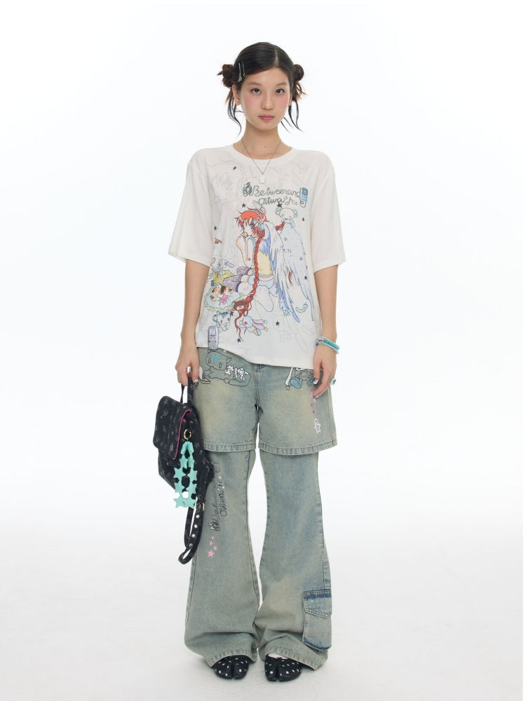 Illustration Loose Fitting Crew Neck Short Sleeve T-Shirt【s0000017789】