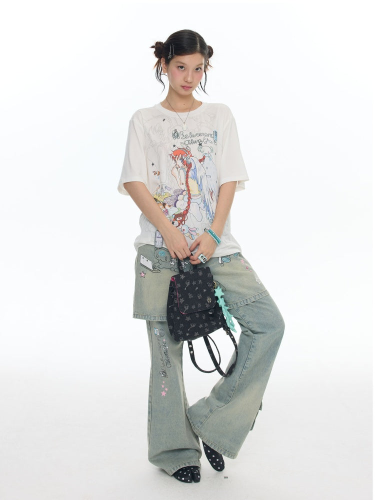 Illustration Loose Fitting Crew Neck Short Sleeve T-Shirt【s0000017789】