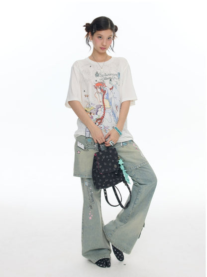 Illustration Loose Fitting Crew Neck Short Sleeve T-Shirt【s0000017789】