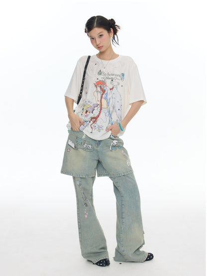 Illustration Loose Fitting Crew Neck Short Sleeve T-Shirt【s0000017789】