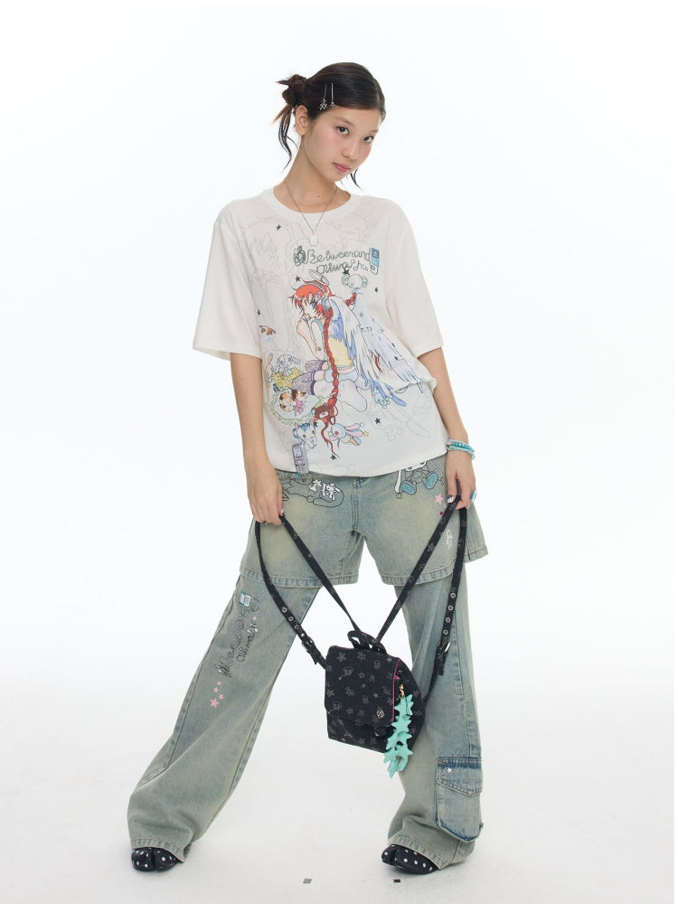 Illustration Loose Fitting Crew Neck Short Sleeve T-Shirt【s0000017789】