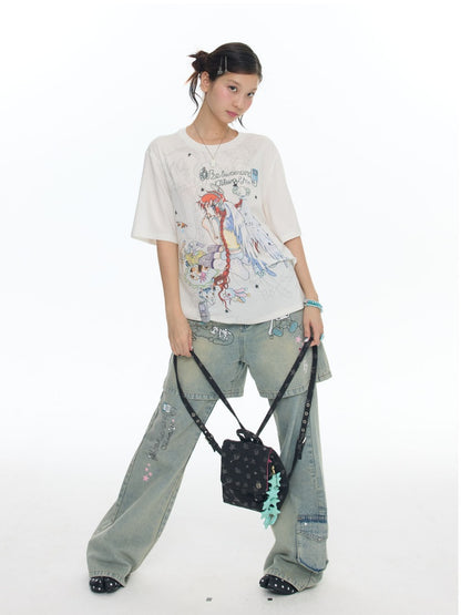 Illustration Loose Fitting Crew Neck Short Sleeve T-Shirt【s0000017789】