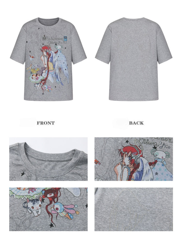 Illustration Loose Fitting Crew Neck Short Sleeve T-Shirt【s0000017789】