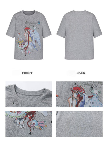 Illustration Loose Fitting Crew Neck Short Sleeve T-Shirt【s0000017789】