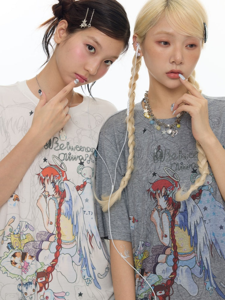 Illustration Loose Fitting Crew Neck Short Sleeve T-Shirt【s0000017789】