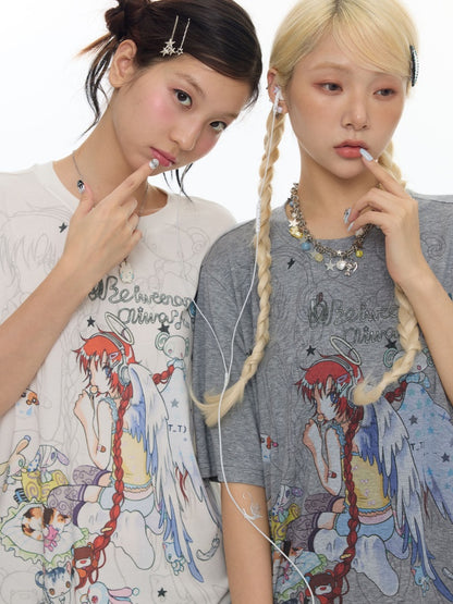 Illustration Loose Fitting Crew Neck Short Sleeve T-Shirt【s0000017789】