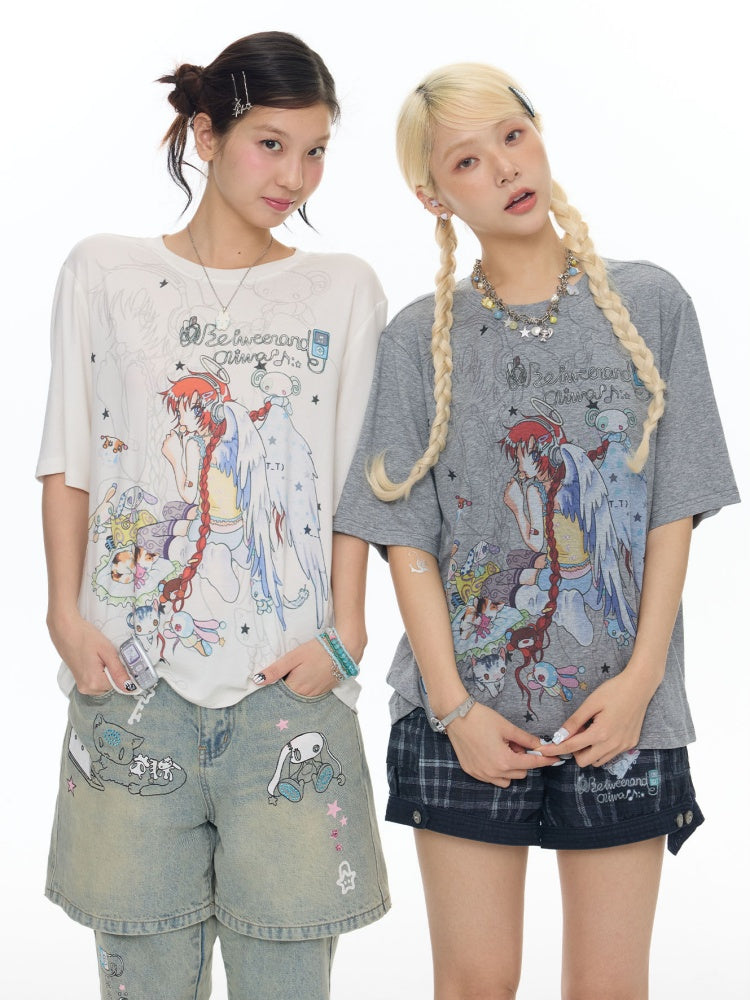 Illustration Loose Fitting Crew Neck Short Sleeve T-Shirt【s0000017789】