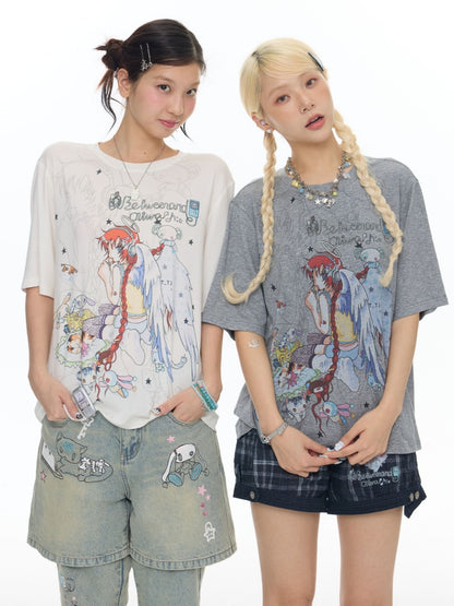Illustration Loose Fitting Crew Neck Short Sleeve T-Shirt【s0000017789】