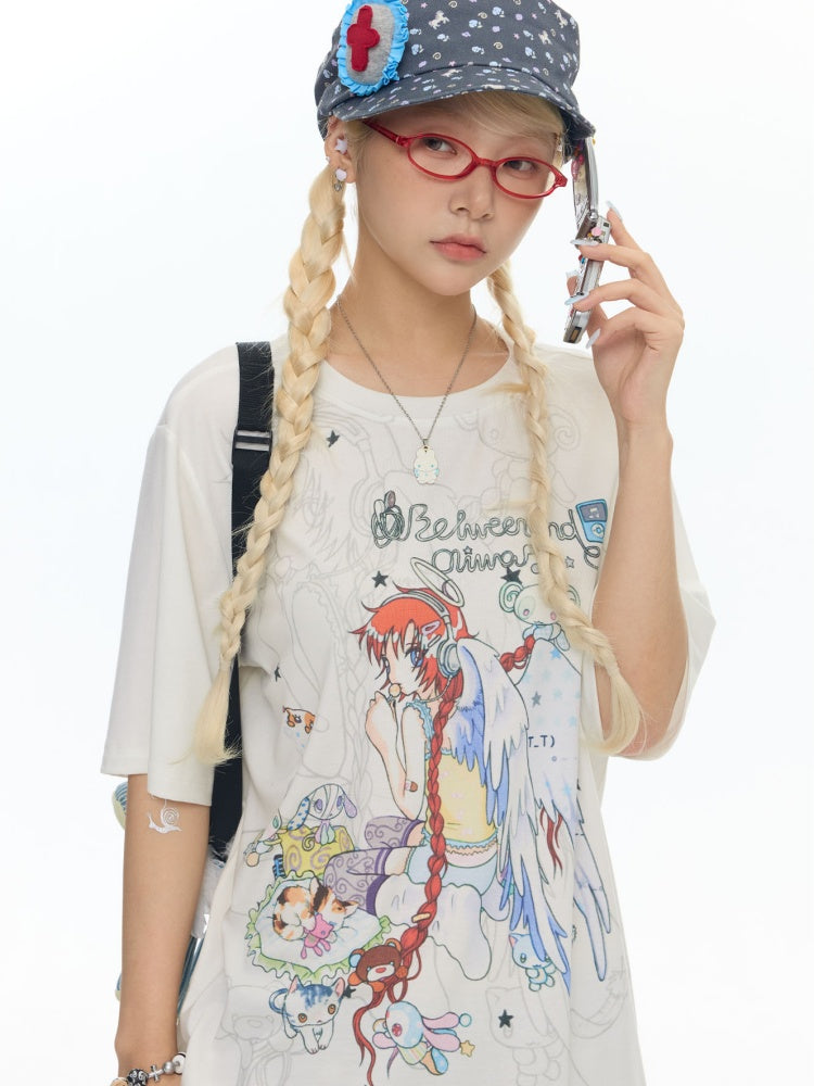 Illustration Loose Fitting Crew Neck Short Sleeve T-Shirt【s0000017789】