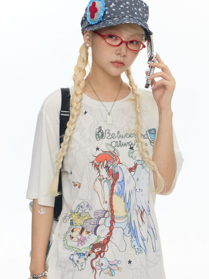 Illustration Loose Fitting Crew Neck Short Sleeve T-Shirt【s0000017789】