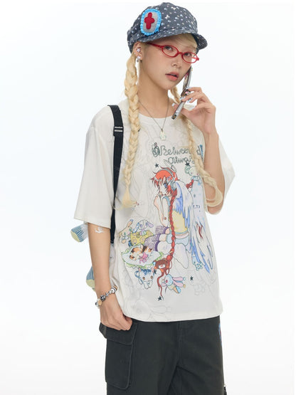 Illustration Loose Fitting Crew Neck Short Sleeve T-Shirt【s0000017789】