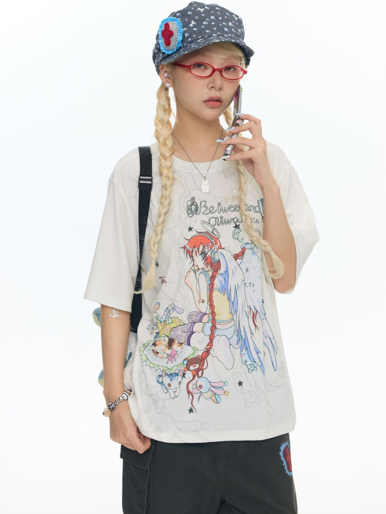 Illustration Loose Fitting Crew Neck Short Sleeve T-Shirt【s0000017789】