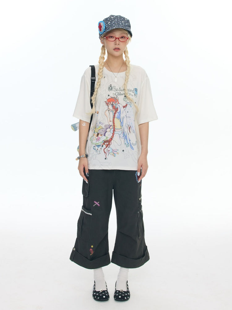 Illustration Loose Fitting Crew Neck Short Sleeve T-Shirt【s0000017789】