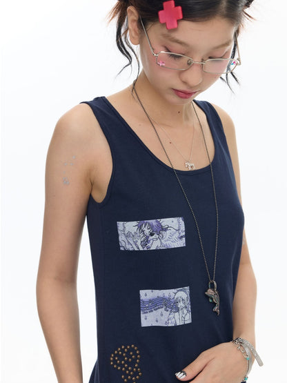 Haze Blue Key Bead Small Card Print Tank Top【s0000017790】