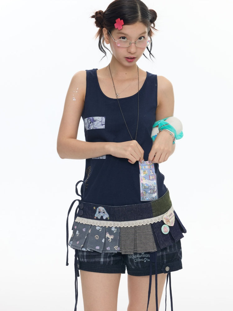 Haze Blue Key Bead Small Card Print Tank Top【s0000017790】