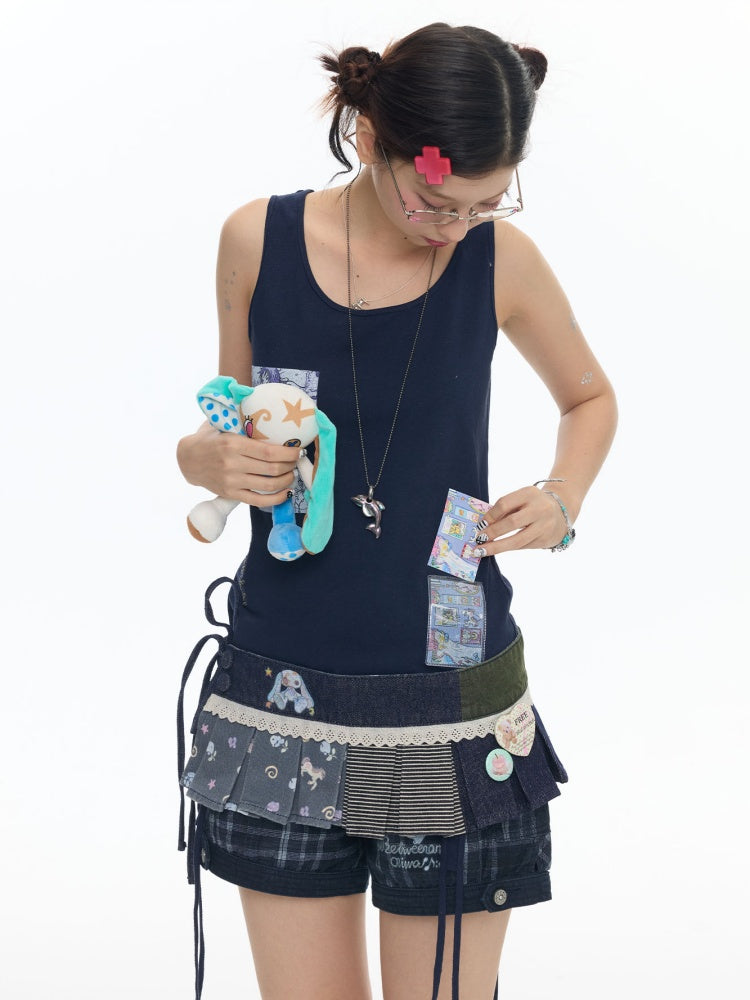 Haze Blue Key Bead Small Card Print Tank Top【s0000017790】