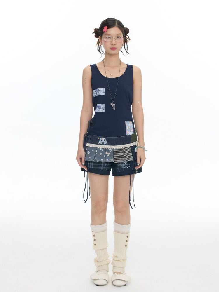 Haze Blue Key Bead Small Card Print Tank Top【s0000017790】