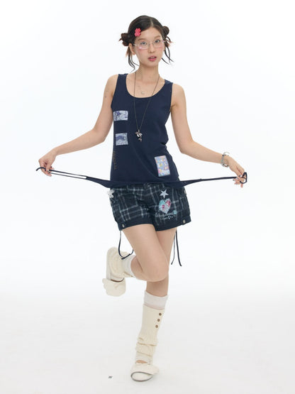 Haze Blue Key Bead Small Card Print Tank Top【s0000017790】