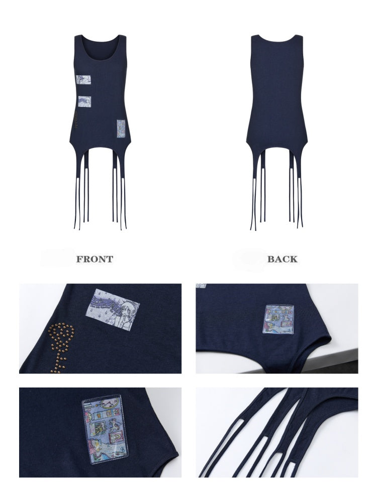 Haze Blue Key Bead Small Card Print Tank Top【s0000017790】