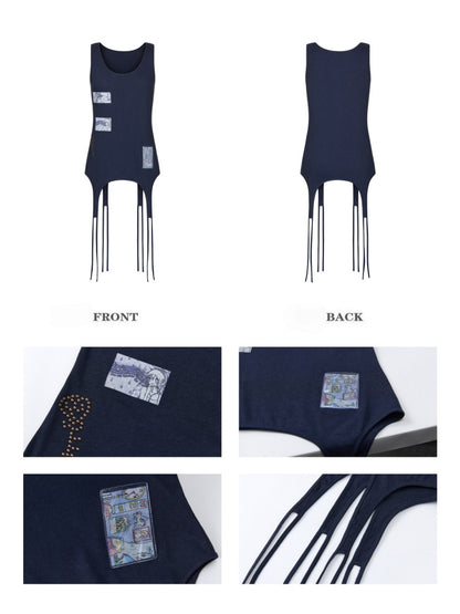 Haze Blue Key Bead Small Card Print Tank Top【s0000017790】
