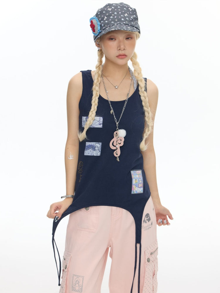 Haze Blue Key Bead Small Card Print Tank Top【s0000017790】