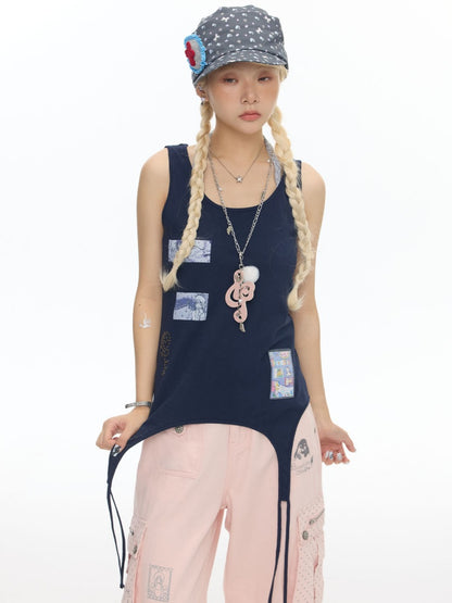 Haze Blue Key Bead Small Card Print Tank Top【s0000017790】