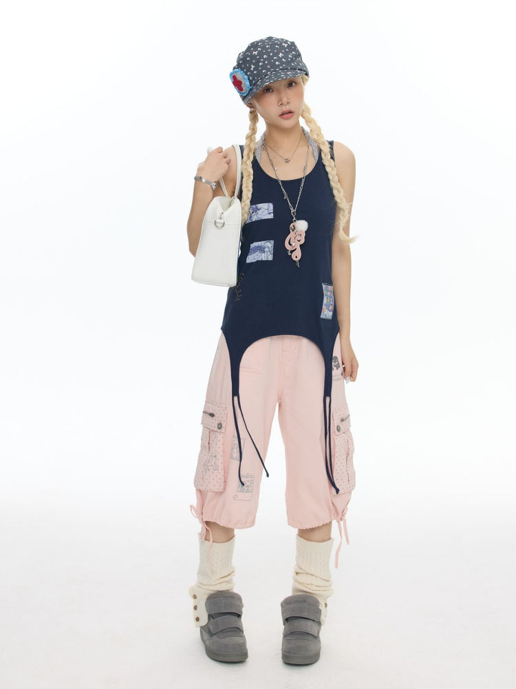 Haze Blue Key Bead Small Card Print Tank Top【s0000017790】