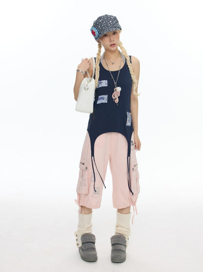 Haze Blue Key Bead Small Card Print Tank Top【s0000017790】