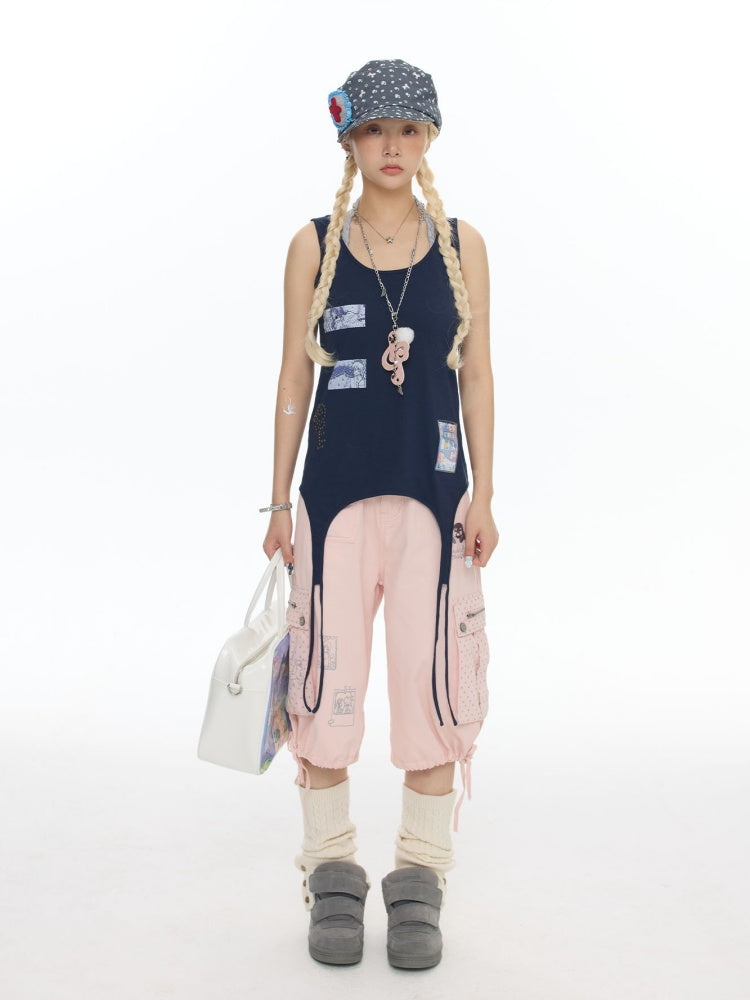 Haze Blue Key Bead Small Card Print Tank Top【s0000017790】