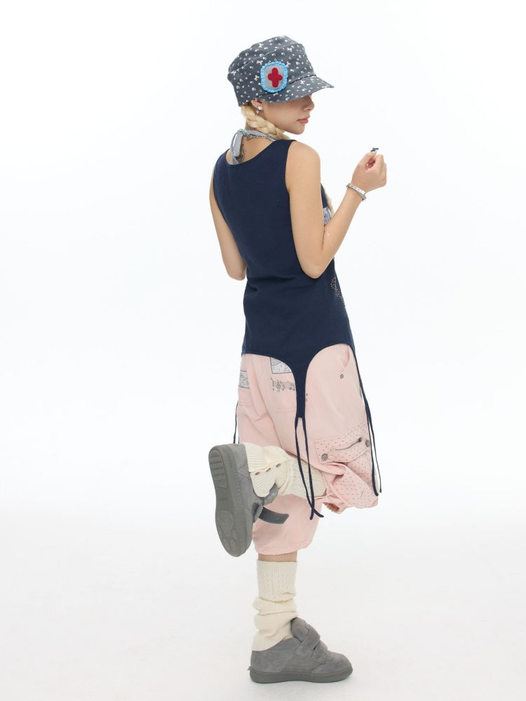 Haze Blue Key Bead Small Card Print Tank Top【s0000017790】