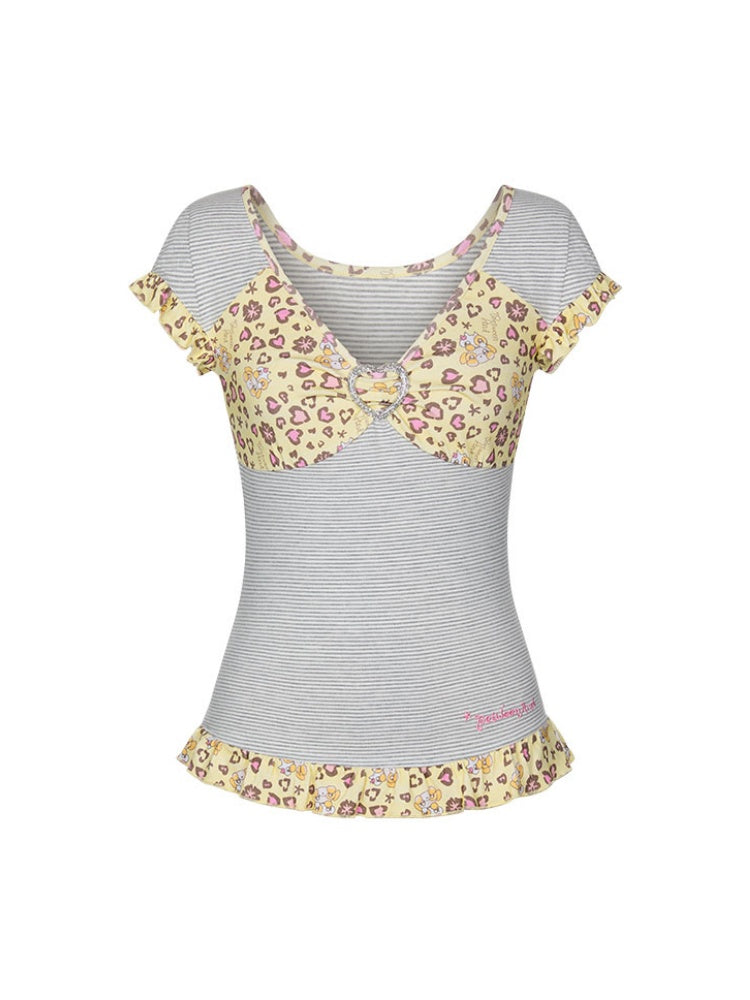 Buckle Stripe Leopard Print Vintage Little Flying Sleeve Lace T-Shirt【s0000017791】
