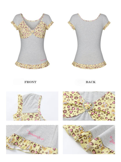 Buckle Stripe Leopard Print Vintage Little Flying Sleeve Lace T-Shirt【s0000017791】