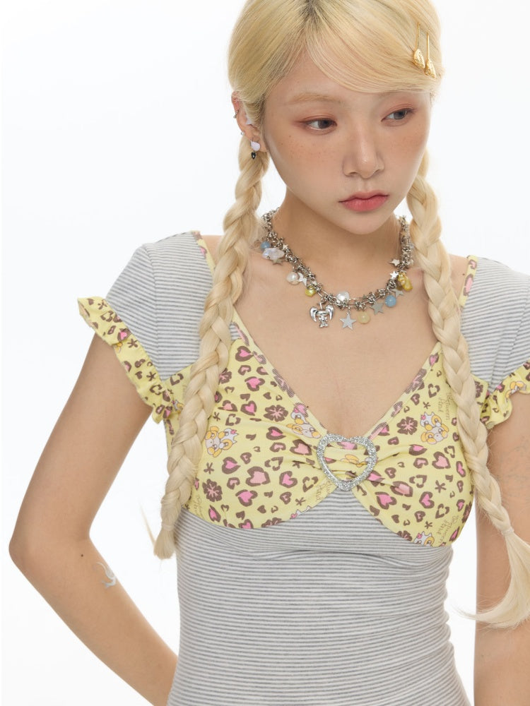 Buckle Stripe Leopard Print Vintage Little Flying Sleeve Lace T-Shirt【s0000017791】