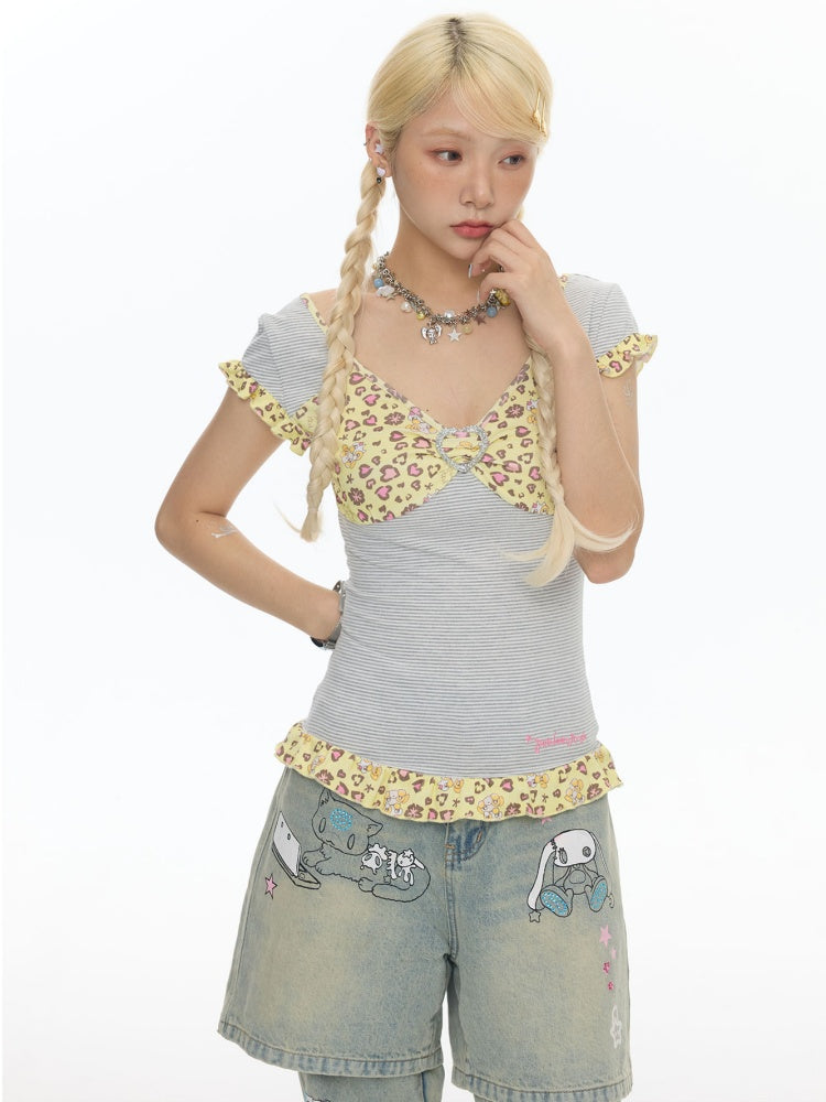 Buckle Stripe Leopard Print Vintage Little Flying Sleeve Lace T-Shirt【s0000017791】