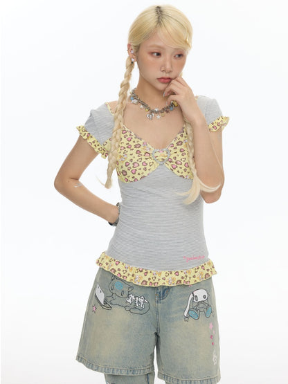 Buckle Stripe Leopard Print Vintage Little Flying Sleeve Lace T-Shirt【s0000017791】
