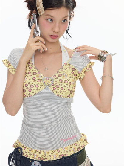 Buckle Stripe Leopard Print Vintage Little Flying Sleeve Lace T-Shirt【s0000017791】